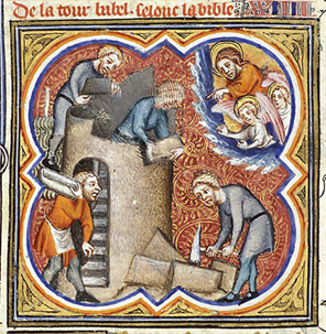 Building in medieval times was as complex a process as it is today, involving an "assembly line" of craftsmen.  This image from a fourteenth century French manuscript, (Folio 19 of Giuard des Moulin's Grande Bible Historial) illustrates that well.